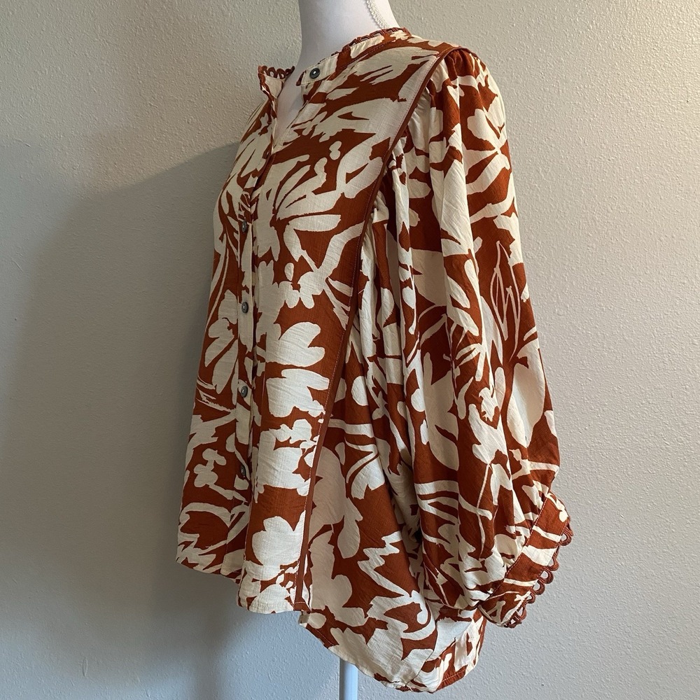 Entro Floral 3/4 Balloon Sleeve Button Down Blouse Rust Ivory Small Boutique - Picture 11 of 12